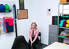 Hardcore deep throat at the security office with a petite blonde teen thief.